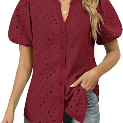 Rapbin Blouses for Women Dressy Casual V Neck Short Sleeve Eyelet Summer Tops Button Down Lace Embroidered Shirts
