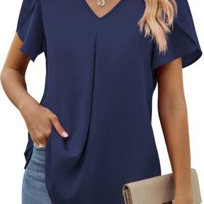 Funlingo Women's Summer Tops Short Sleeve Dressy Chiffon Blouses V Neck Work Tunic Tops Casual Loose T-Shirts