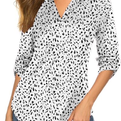 Halife Women's Roll Up 3/4 Sleeve Floral Print V Neck Tunic Blouses Tops Shirts