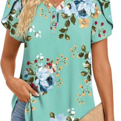 HOTGIFT Womens Blouse 2025 Summer Tops Tunic Short Sleeve Chiffon T Shirts Casual V Neck Buttons for Leggings M-3XL