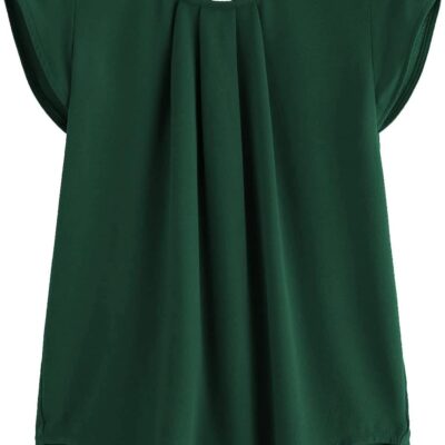 Milumia Women's Casual Round Neck Basic Pleated Top Cap Sleeve Curved Keyhole Back Blouse