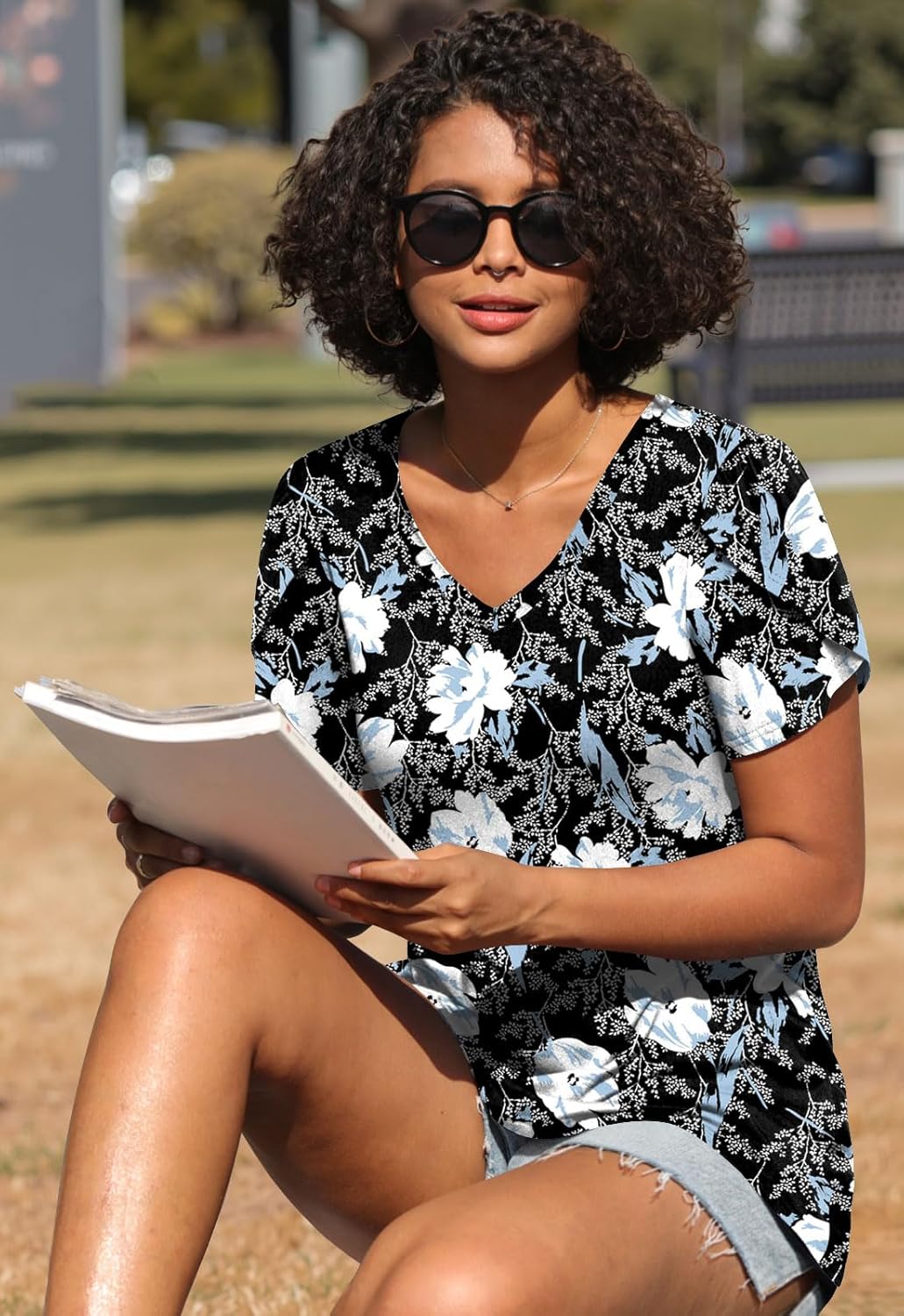 CATHY 2025 Womens Tops Spring Summer Shirt Tunics Short Sleeve Casual T-Shirts Blouse V Neck with Leggings S-4XL - Image 4