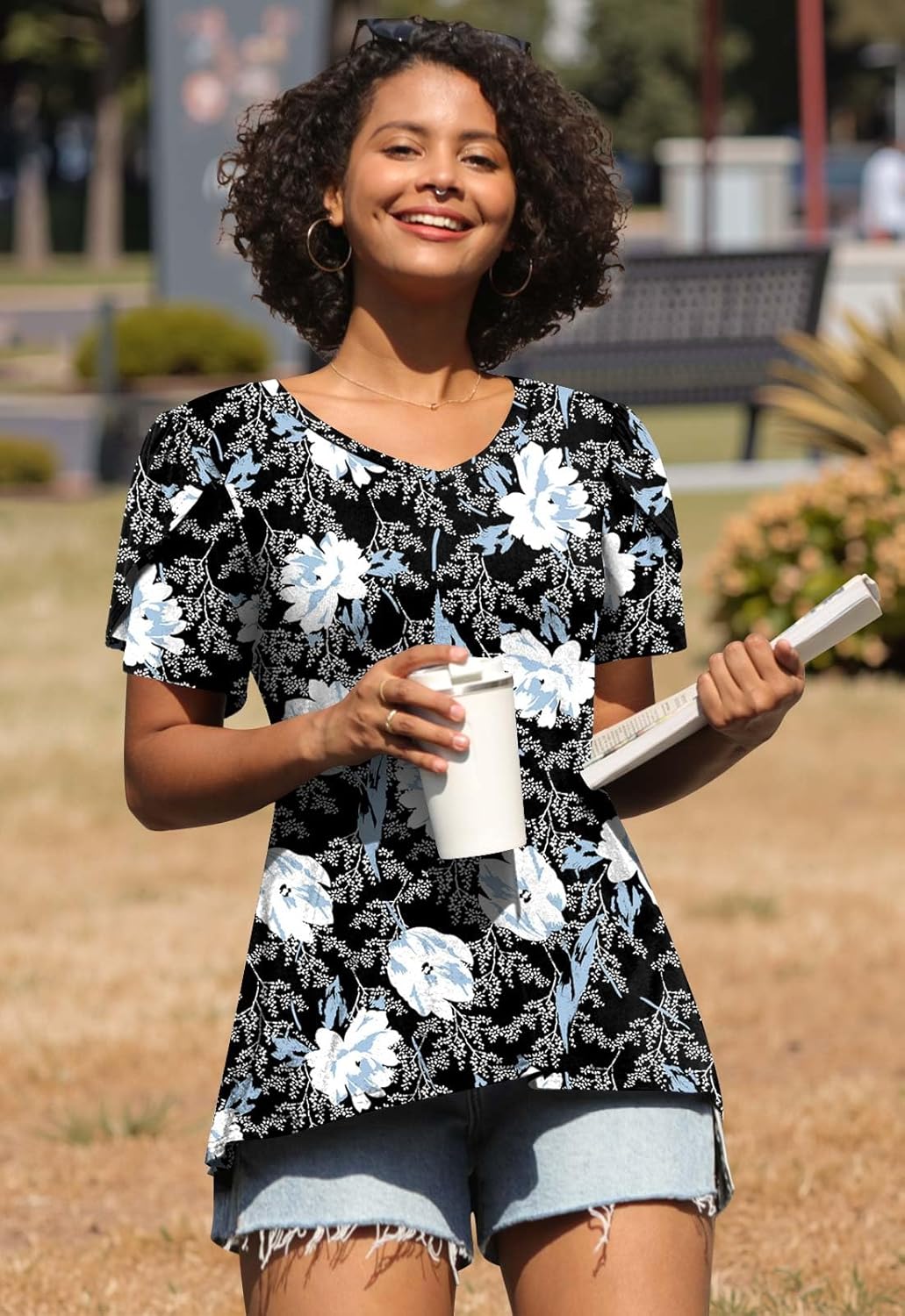 CATHY 2025 Womens Tops Spring Summer Shirt Tunics Short Sleeve Casual T-Shirts Blouse V Neck with Leggings S-4XL - Image 3