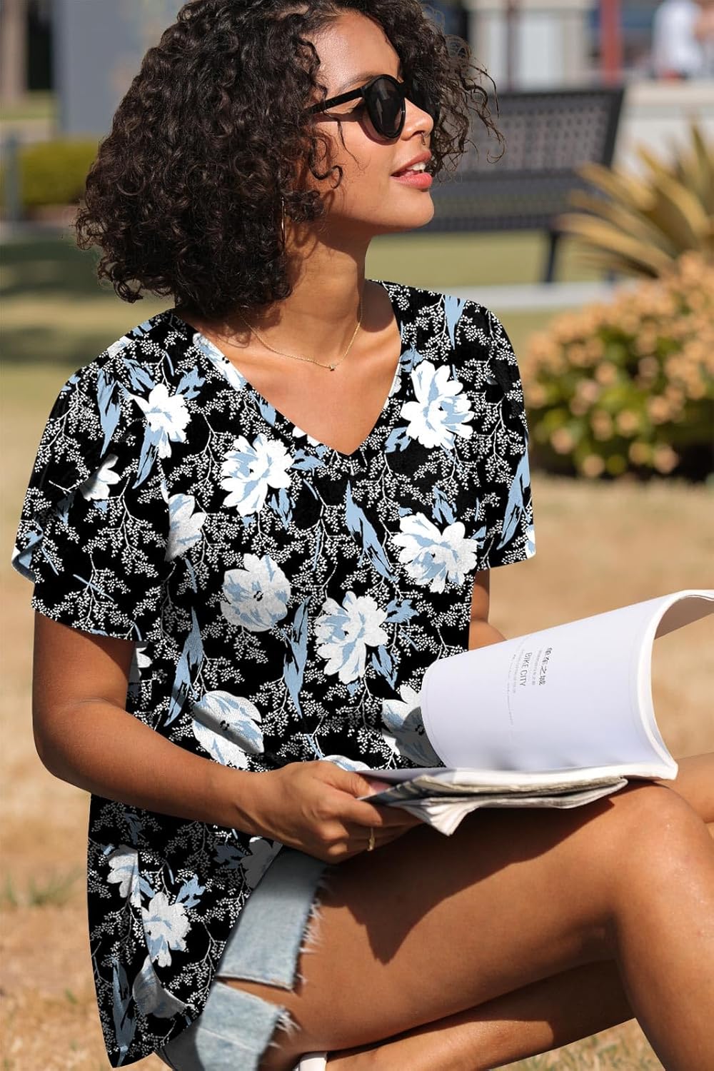 CATHY 2025 Womens Tops Spring Summer Shirt Tunics Short Sleeve Casual T-Shirts Blouse V Neck with Leggings S-4XL - Image 2