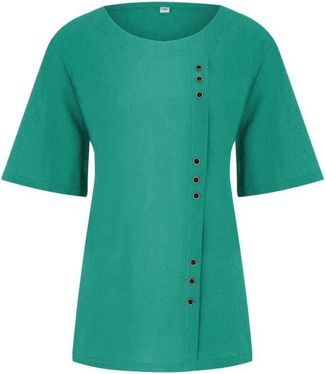 Women's Cotton Linen Shirts Short Sleeve Crewneck Blouse Button Casual Loose Fit T Shirt Tunic Tops for Summer - Image 3