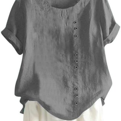 Women's Cotton Linen Shirts Short Sleeve Crewneck Blouse Button Casual Loose Fit T Shirt Tunic Tops for Summer