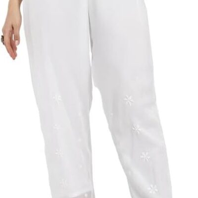 Ada Indian Hand Embroidered Chikankari White Viscose Georgette Palazzo Pant for Women A711178