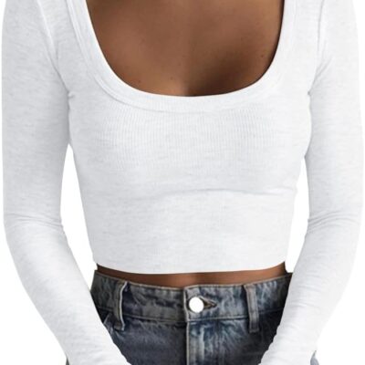 Artfish Women's Square Neck Long Sleeve Ribbed Slim Fitted Casual Basic Crop Top