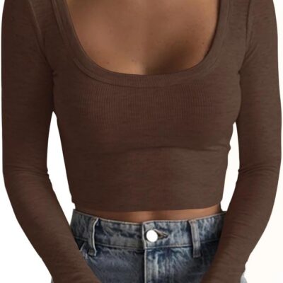 Artfish Women's Square Neck Long Sleeve Ribbed Slim Fitted Casual Basic Crop Top