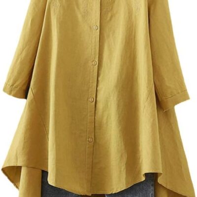 Minibee Women's Cotton Linen Shirt High Low Button Down Embroidered Blouse Long Sleeve Tunic Tops