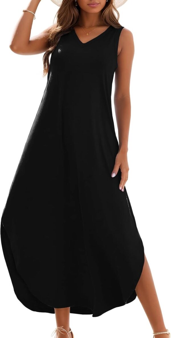 Zilcremo Women's Summer Casual Loose Sundress Long Dress Sleeveless V Neck Split Tshirt Maxi Dresses