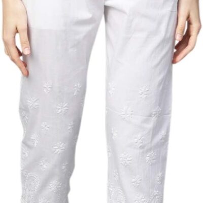 Ada Indian Hand Embroidered Chikankari White Cotton Palazzo Pant for Women A711112