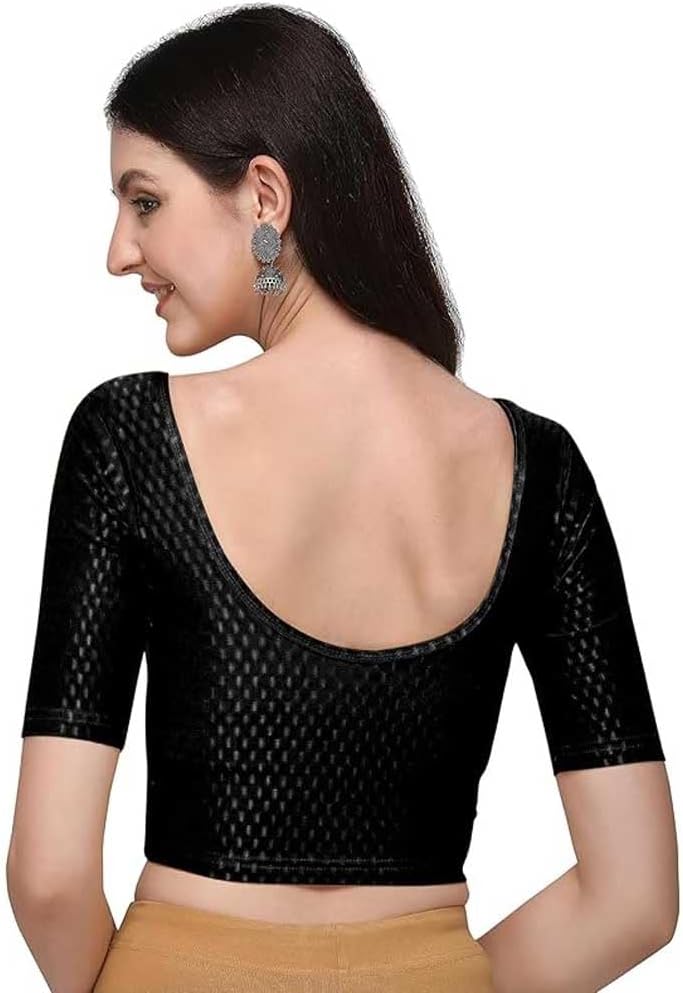 Cotton Lycra Stretchable Sari Blouse Round Neck Half Sleeve Dry Fit Workout Crop Top Gym Sports Top for Women - Image 3
