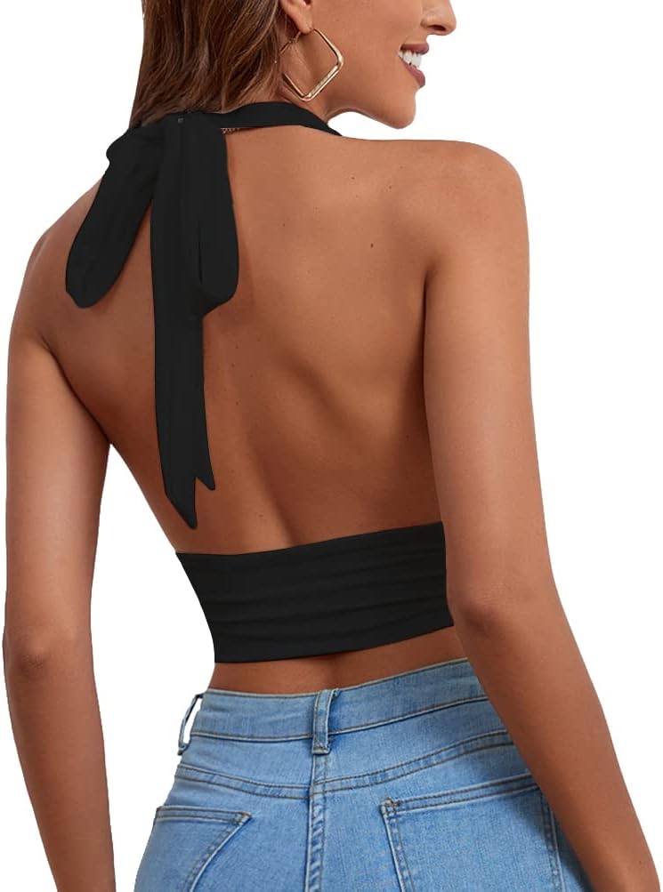 Rooscier Women's Deep V Neck Halter Tie Back Sleeveless Backless Cami Crop Top - Image 2