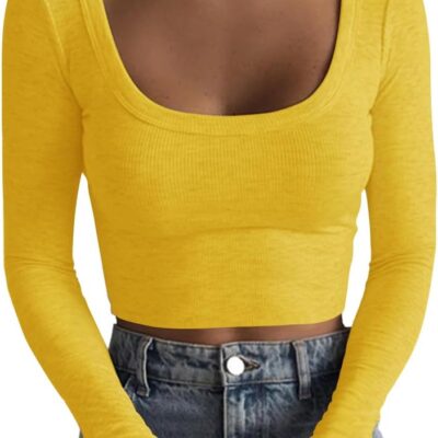 Artfish Women's Square Neck Long Sleeve Ribbed Slim Fitted Casual Basic Crop Top