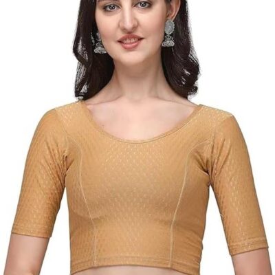 Cotton Lycra Stretchable Sari Blouse Round Neck Half Sleeve Dry Fit Workout Crop Top Gym Sports Top for Women