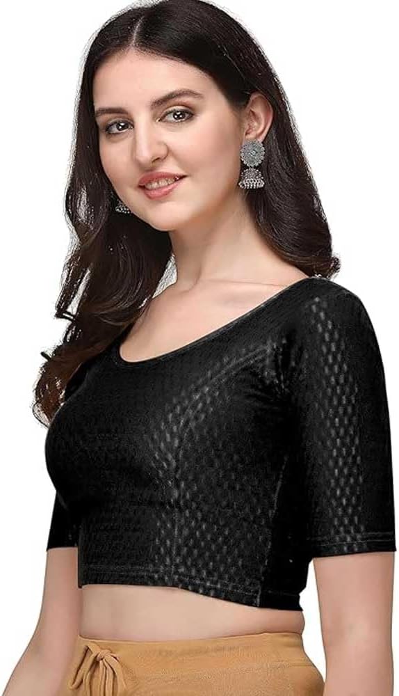 Cotton Lycra Stretchable Sari Blouse Round Neck Half Sleeve Dry Fit Workout Crop Top Gym Sports Top for Women - Image 2