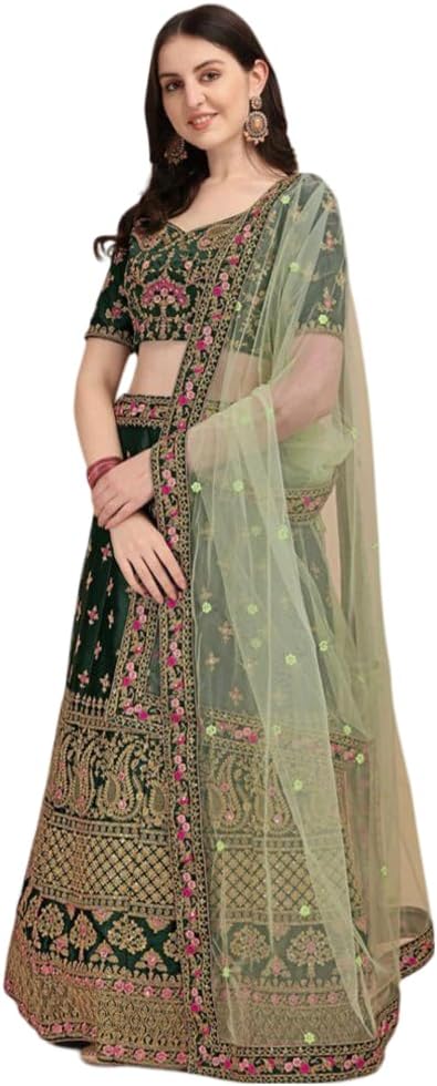 Indian Wedding Bottle Green satin silk sequins embroidery lehenga choli