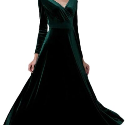 Urban CoCo Women Long Sleeve V-Neck Velvet Stretchy Long Dress