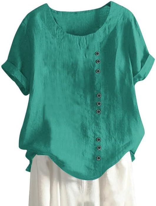 Women's Cotton Linen Shirts Short Sleeve Crewneck Blouse Button Casual Loose Fit T Shirt Tunic Tops for Summer
