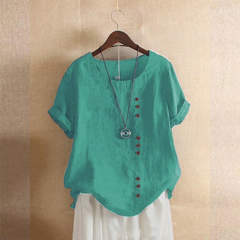Women's Cotton Linen Shirts Short Sleeve Crewneck Blouse Button Casual Loose Fit T Shirt Tunic Tops for Summer - Image 2