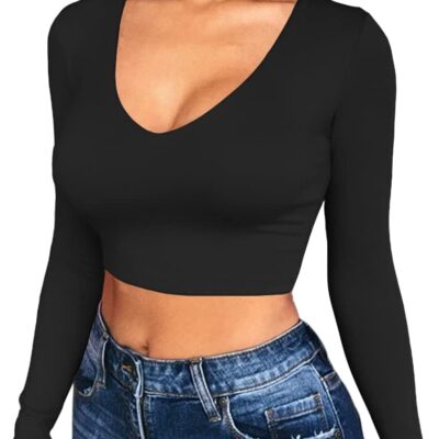 Artfish Women Long Sleeve Stretchy Crop Top Sexy Slim Fitted Fleece Lined Cropped Shirts