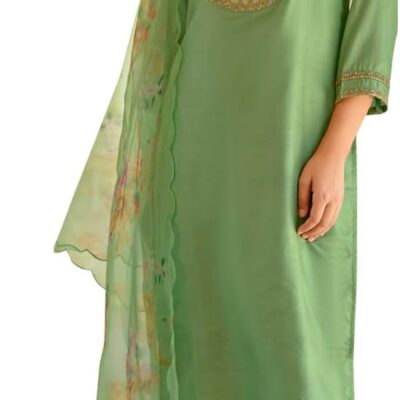 VredeVogel Women's Silk Blend Embroidered Kurta with Pant & Organza Dupatta Set