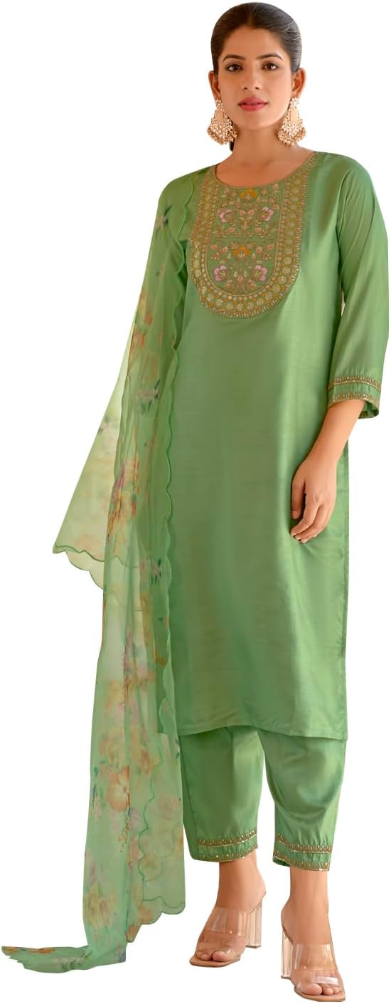 VredeVogel Women's Silk Blend Embroidered Kurta with Pant & Organza Dupatta Set
