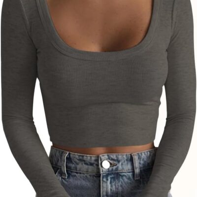 Artfish Women's Square Neck Long Sleeve Ribbed Slim Fitted Casual Basic Crop Top