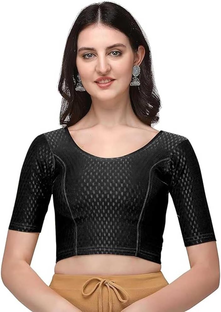 Cotton Lycra Stretchable Sari Blouse Round Neck Half Sleeve Dry Fit Workout Crop Top Gym Sports Top for Women