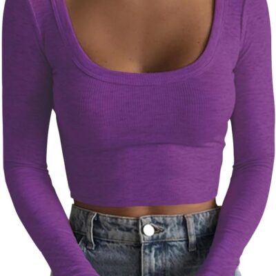 Artfish Women's Square Neck Long Sleeve Ribbed Slim Fitted Casual Basic Crop Top