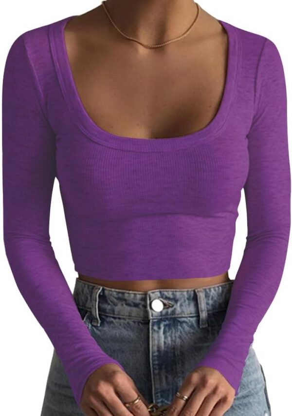 Artfish Women's Square Neck Long Sleeve Ribbed Slim Fitted Casual Basic Crop Top