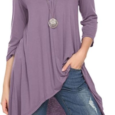 Naggoo Women's 3/4 Sleeve Button V Neck High Low Loose Fit Casual Long Tunic Tops Tee Shirts S-3XL