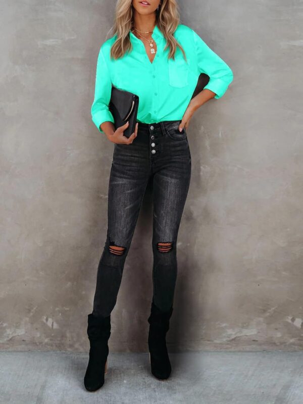 Womens Button Down Shirts Dress Shirts Long Sleeve Collared Blouses V Neck Work Office Tunic Chiffon Tops - Image 4