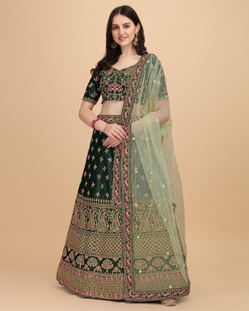Indian Wedding Bottle Green satin silk sequins embroidery lehenga choli - Image 2