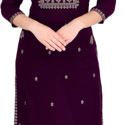ladyline Womens Rayon Slub Embroidered Kurti Tunic Kurta Slits Embroidery