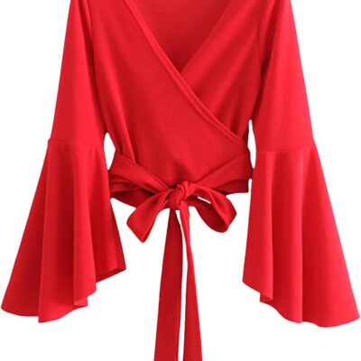 SweatyRocks Women's Long Sleeve V Neck Tie Knot Bandage Wrap Blouse Crop Top