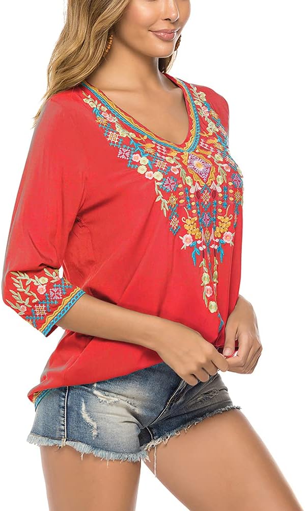 Grosy Womens Casual Summer Tops, Hippie Clothes, Traditional Floral Embroidered Boho Shirt, Mexican Peasant Blouses for Women - Image 4