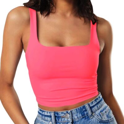 Artfish Women's Sleeveless Strappy Tank Square Neck Double Layer Workout Fitness Casual Basic Crop Tops