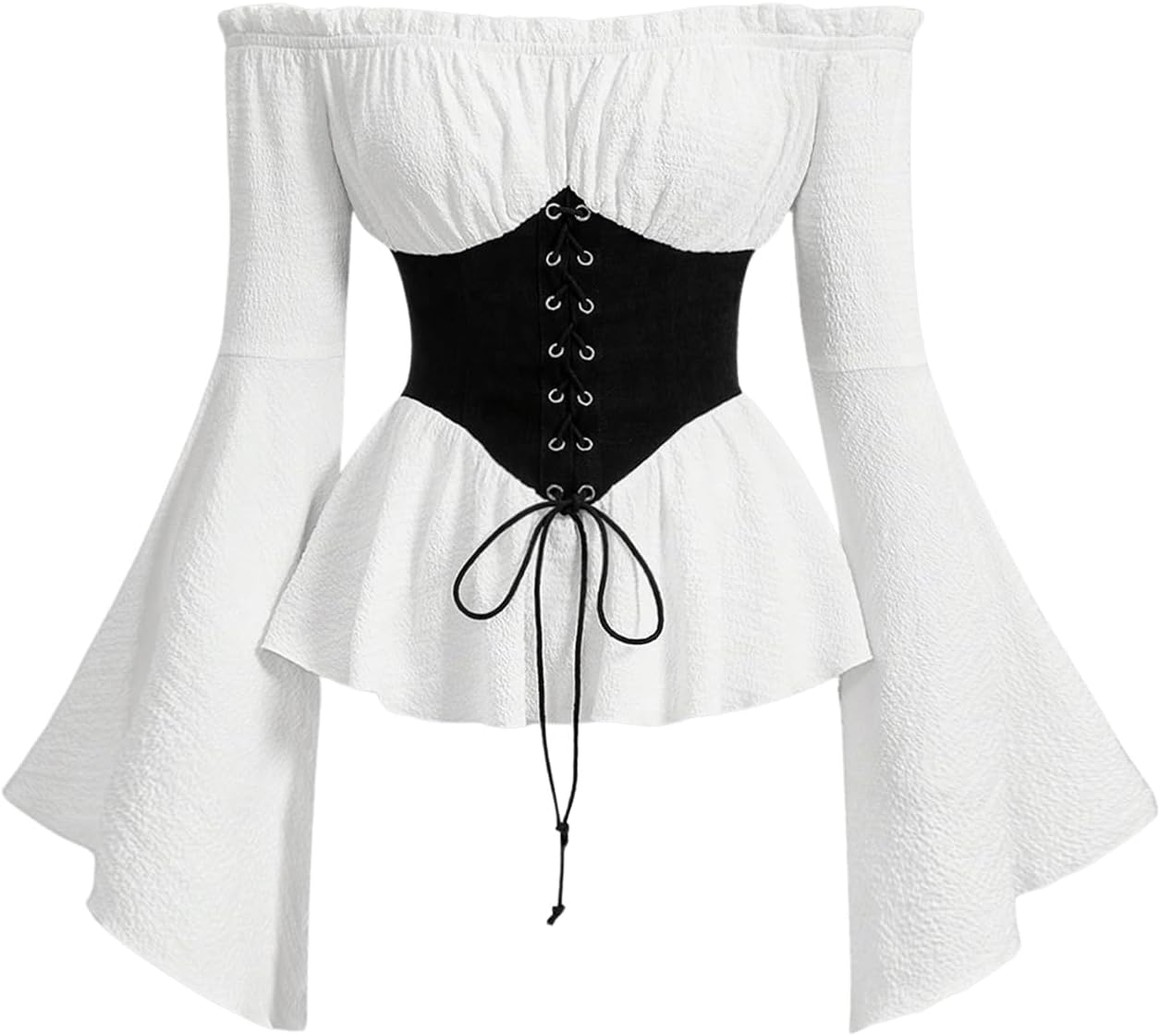 GORGLITTER Women's Off The Shoulder Frill Trim Blouse Lace Up Flare Sleeve Ruffle Peplum Shirt