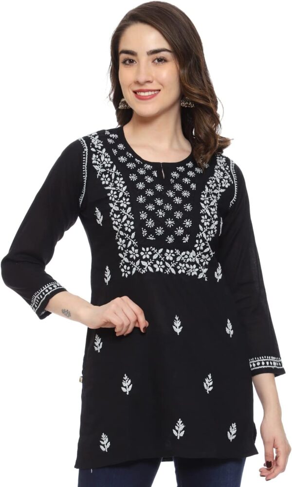 Ada Indian Hand Embroidered Chikankari Cotton Short Top Tunic Kurti Shirt for Women A100555 Black