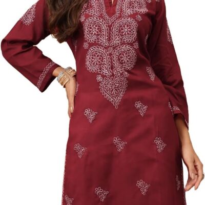 Ada Indian Hand Embroidered Chikankari Women's Straight Cotton Kurta Kurti Tunic A197536