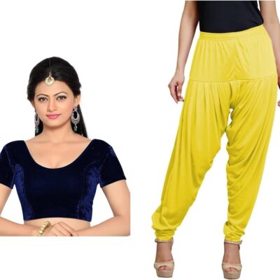 Women's Velvet Stretchable Sari Blouse XXL (for Bust Size 34-38 Inches)-Navy & Women's Cotton Lycra Pattiala Pant (Yellow)