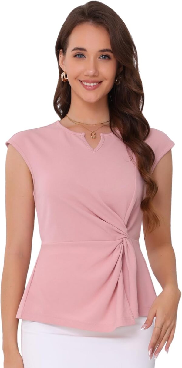 Allegra K Twist Tops for Women's Notched Neck Cap Sleeve Casual Work Shirts