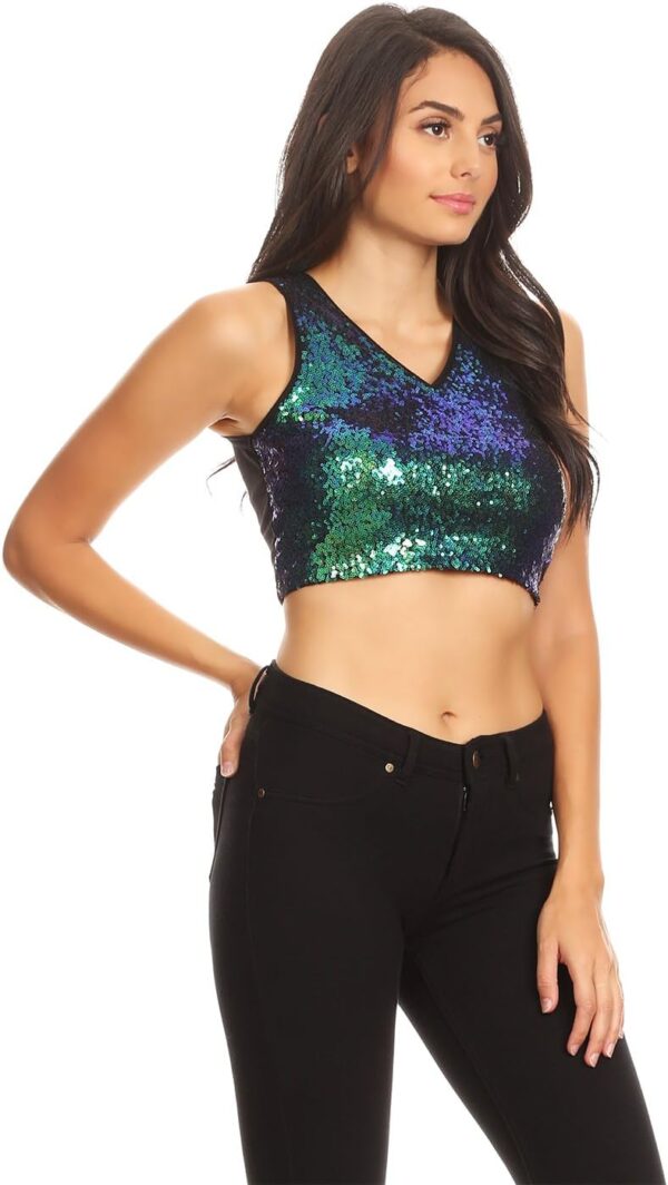 Anna-Kaci Womens Sleeveless Sequin V Neck Cropped Tank Top Clubwear Night Out, Silver - Image 3