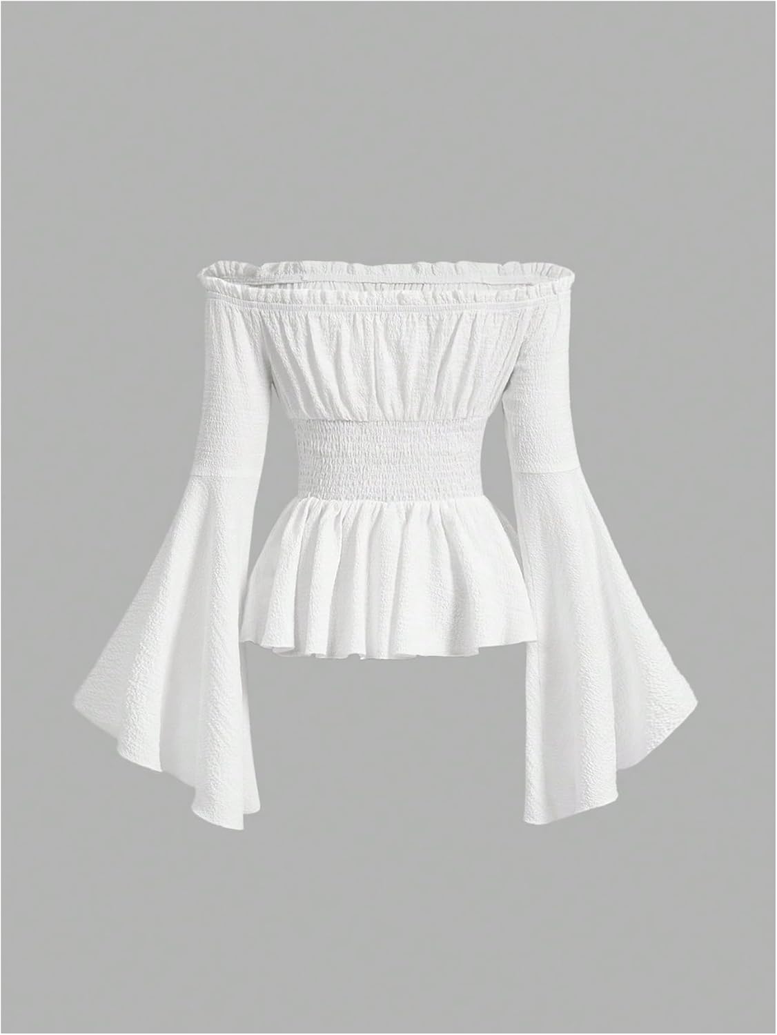 GORGLITTER Women's Off The Shoulder Frill Trim Blouse Lace Up Flare Sleeve Ruffle Peplum Shirt - Image 2