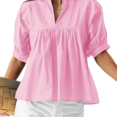 Cicy Bell Womens Puff Sleeve V Neck Blouse Babydoll Peplum Tops Dressy Casual Pleated Loose Fit Shirts
