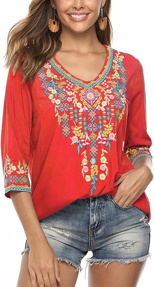 Grosy Womens Casual Summer Tops, Hippie Clothes, Traditional Floral Embroidered Boho Shirt, Mexican Peasant Blouses for Women