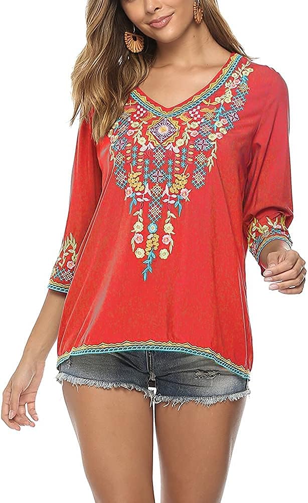 Grosy Womens Casual Summer Tops, Hippie Clothes, Traditional Floral Embroidered Boho Shirt, Mexican Peasant Blouses for Women - Image 2