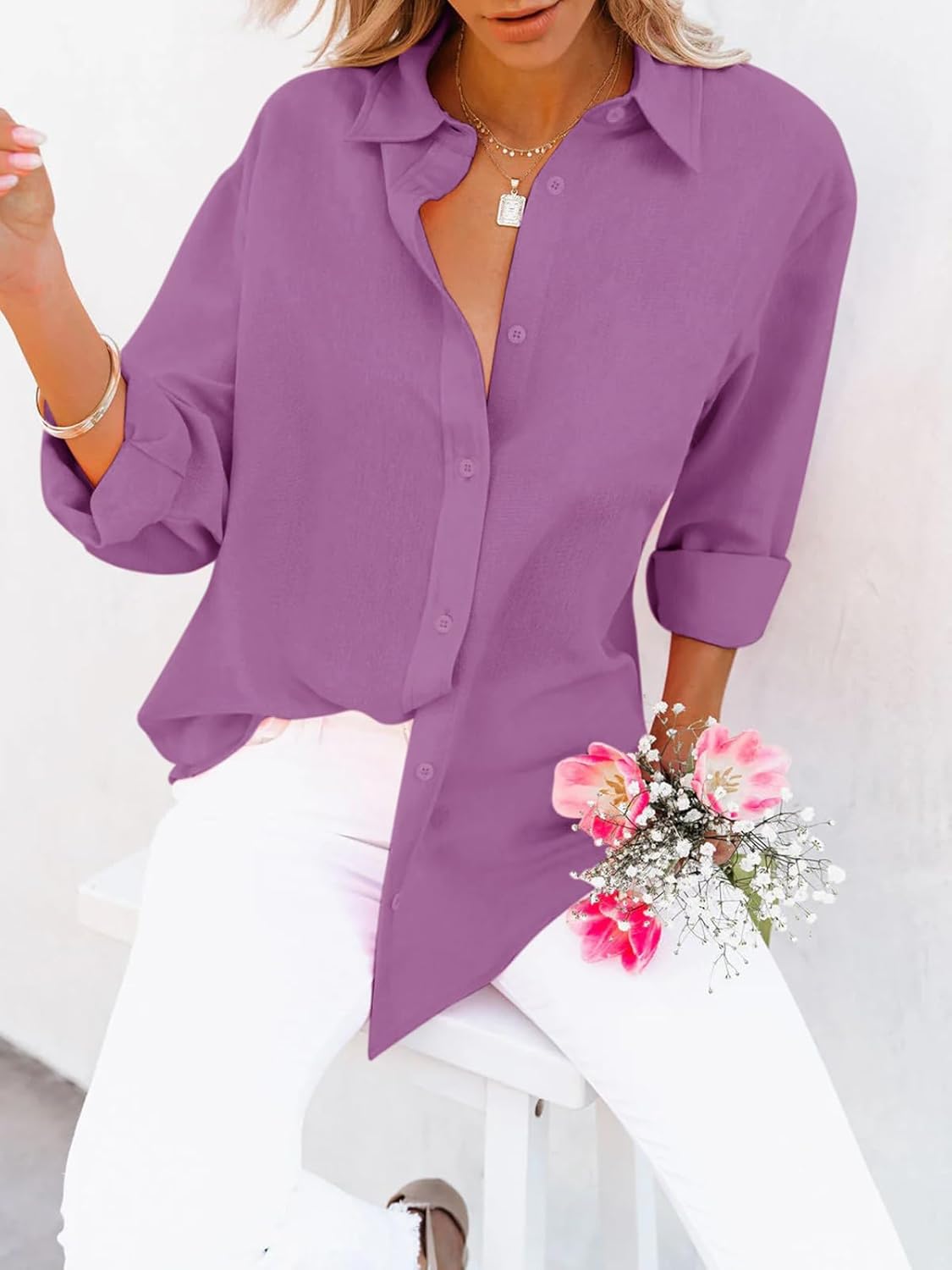 siliteelon Button Down Shirts for Women Dress Shirts Long Sleeve Wrinkle-Free Blouse Casual Solid Office Work Tunic Top - Image 3